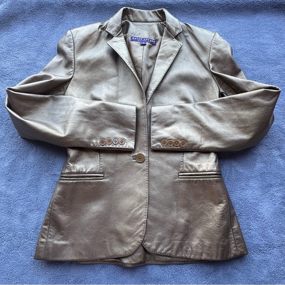 Ralph Lauren Collection Women's Metallic Blazer 4 Gold Purple Label Leather Coat